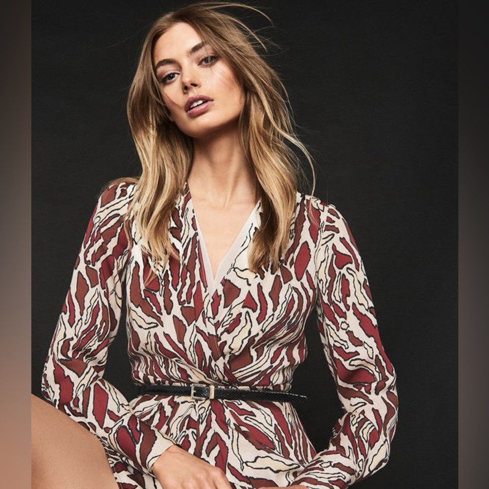 REISS Tara Wrap Romper - Chic Neutral Abstract Print Playsuit - Size 4 Old Money